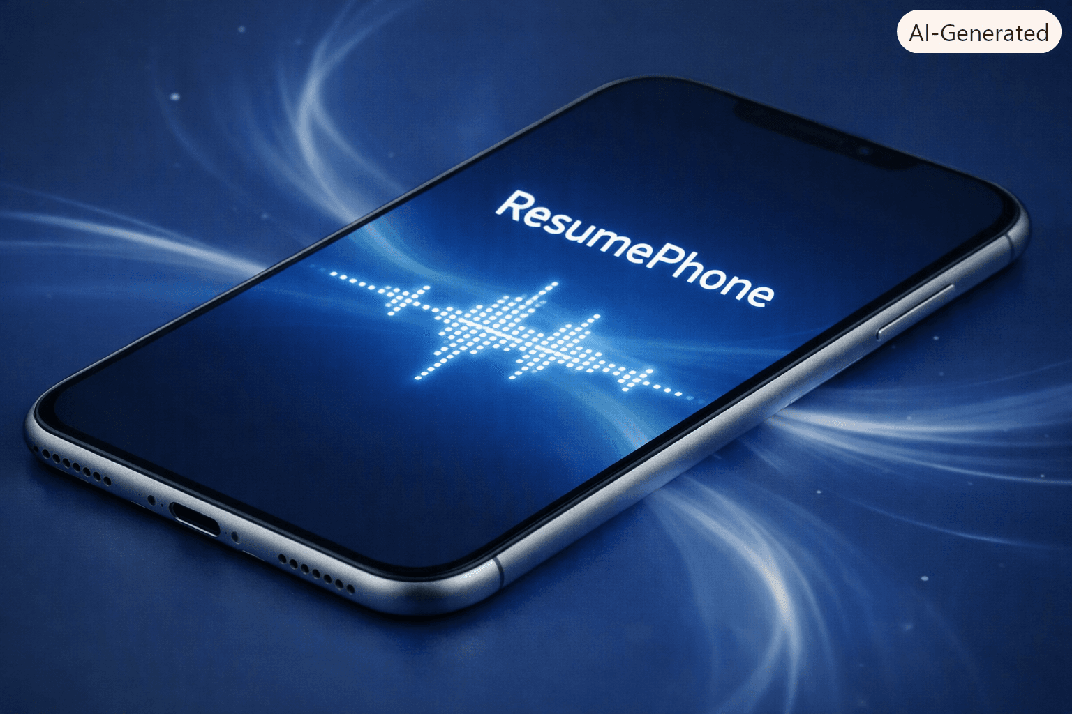 Smartphone displaying ResumePhone and a digital audio waveform on a blue, light-streaked background.