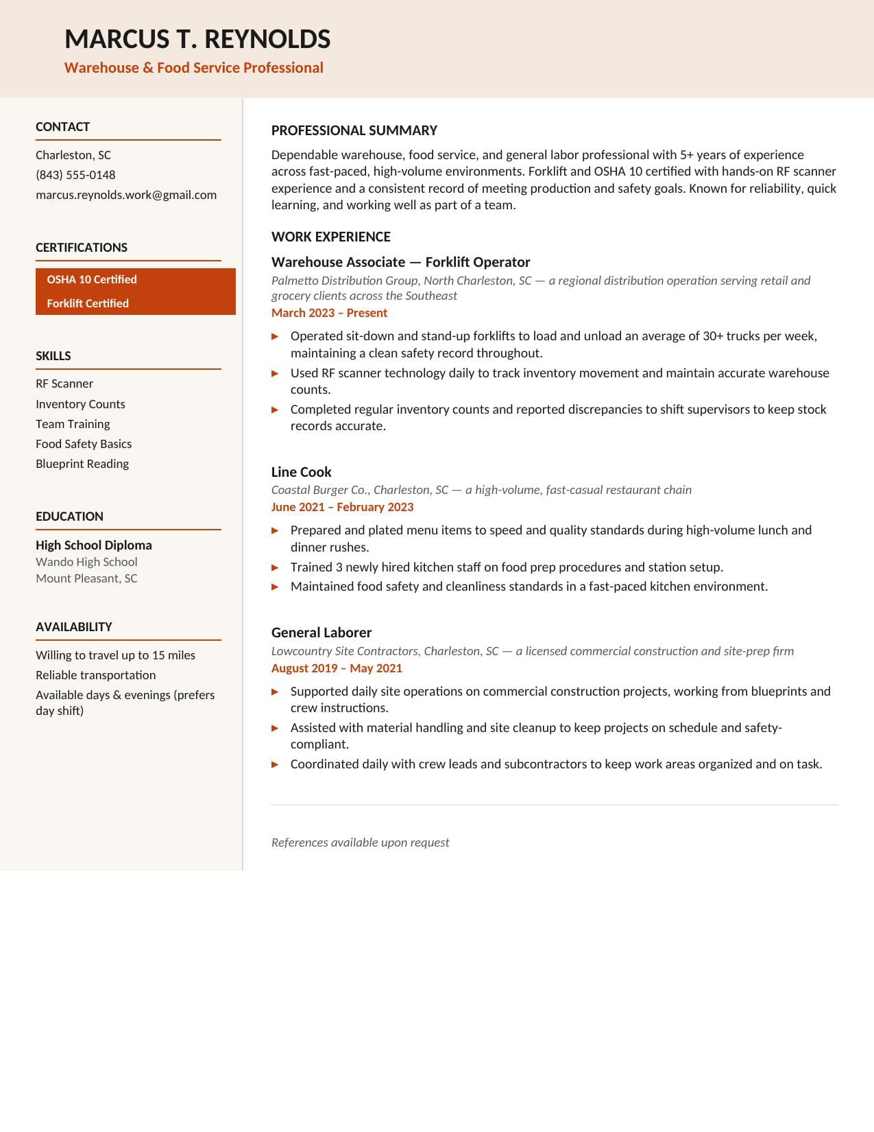 Professional resume for Marcus T. Reynolds, showcasing warehouse and food service experience and certifications.